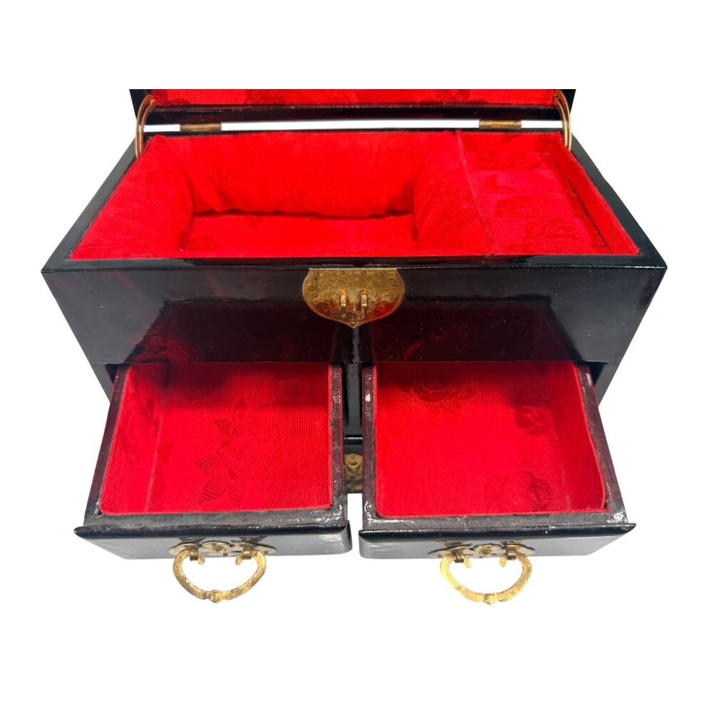Vintage Oriental Wood Laquer Jewelry Box Red Silk Lining Mirror Carved Top - Picture 6 of 16
